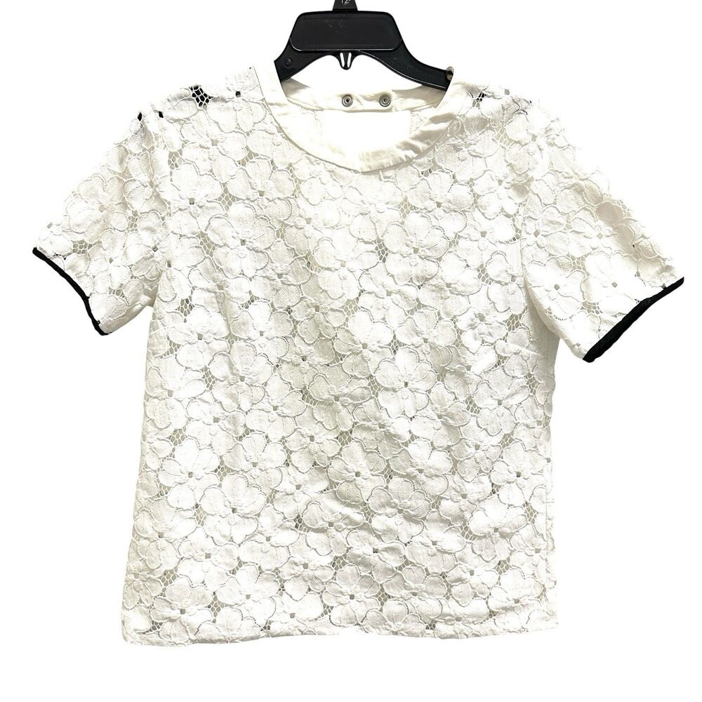 Sandro Womens 100% Silk Lace Crochet Short Sleeve Keyhole Back Top Size 3/L/40
